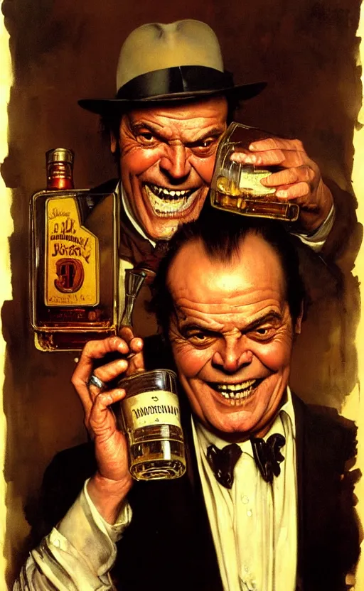 Image similar to illustration of jack nicholson inside a bottle of whiskey, by norman rockwell, roberto ferri, daniel gerhartz, edd cartier, jack kirby, howard brown, ruan jia, tom lovell, jacob collins, dean cornwell