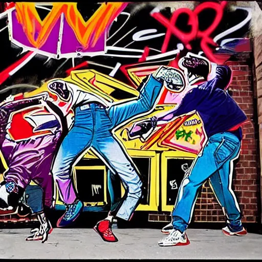 Prompt: four breakdancers battling in the bronx in 1984, by Andy Warhol, gritty, energetic, action, intricate graffiti, Moody lightning, trending on artstation