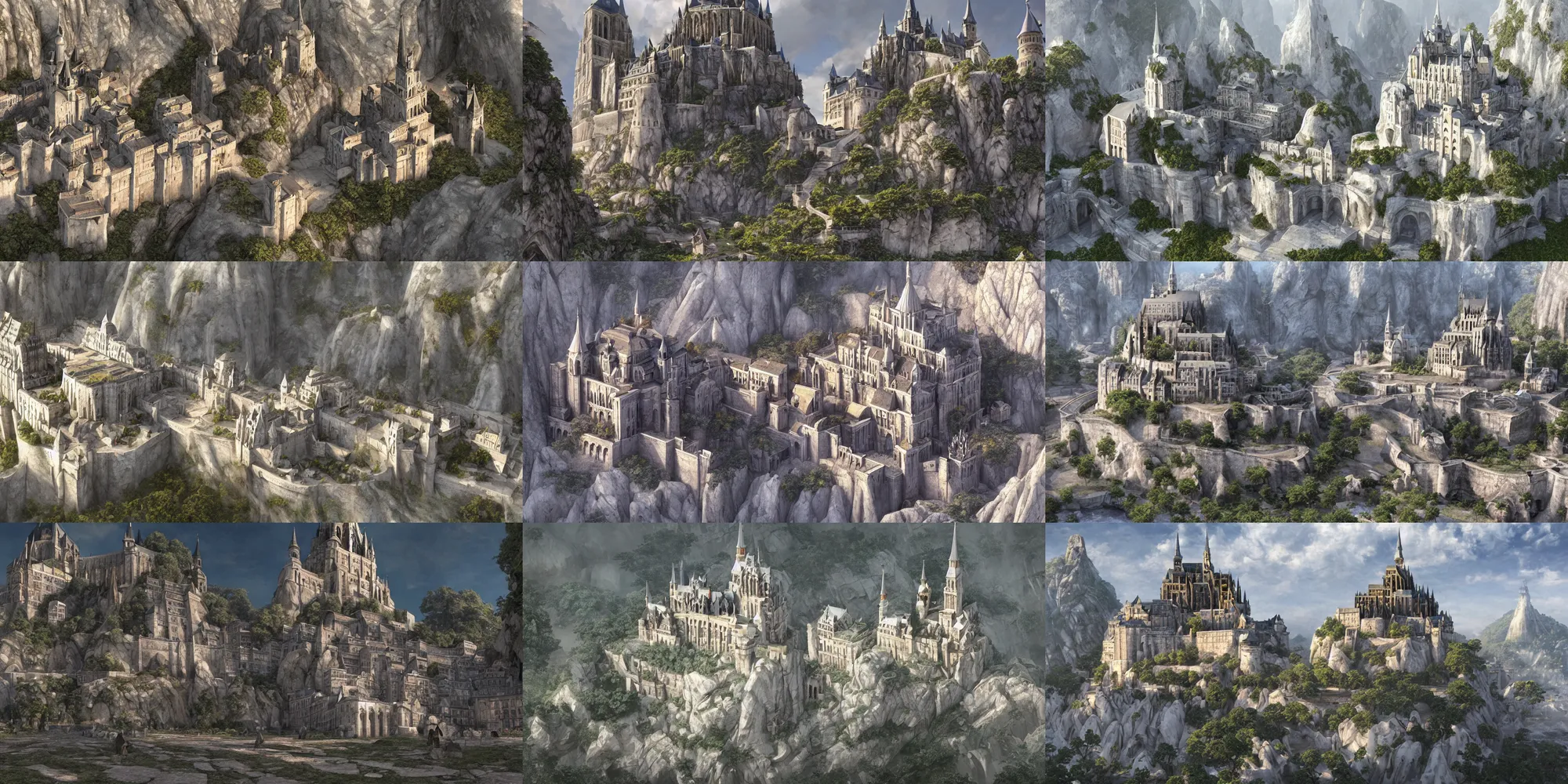 Prompt: monumental beautiful monastery complex like mont saint-michel, carved in white marble rock cliff, megascan textures, cinematic composition, Jim Burns, Craig Mullins, wide angle, in the style of hayao miyazaki + brian froud + kim jung gi, studio ghibli, beautiful high detail enhanced 8k render