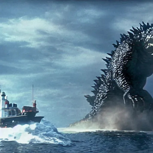 Image similar to movie still of Godzilla attacking the Peggy's cove lighthouse