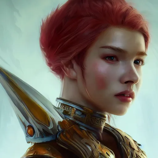 Prompt: fantasy portrait of a young beautiful veteran female warrior with red hair , made by Stanley Artgerm Lau, WLOP, Rossdraws, ArtStation, CGSociety, concept art, cgsociety, octane render, trending on artstation, artstationHD, artstationHQ, unreal engine, 4k, 8k,