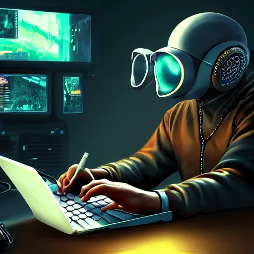 Image similar to realistic successful man typing on laptop in gaming room, artstation trends, cyberpunk concept art, highly detailed, intricate, sharp focus, digital art, 8 k