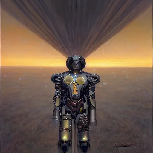 Image similar to the edge of the universe (on film), cybernetic cyborg warrior wearing a cloak , by Vladimir Kush and Donato Giancola