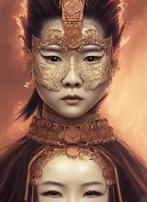 Prompt: a beautiful detailed oil on copper art illustration of a japanese kokushikijo mask woman, centered, by charlie bowater, zeng fanzh, trending on artstation, dim dusk lighting, cinematic lighting, detailed lighting, volumetric lighting, realistic, f 8, 4 k hd wallpaper