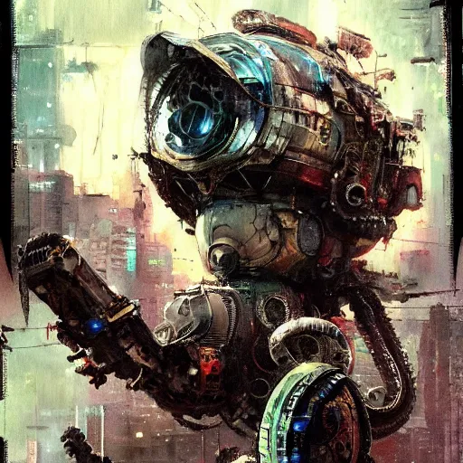 Prompt: Octopus in space, cyberpunk, realistic, detailed, Industrial Scifi, paint, watercolor, in the style of Ashley Wood and Wadim Kashin