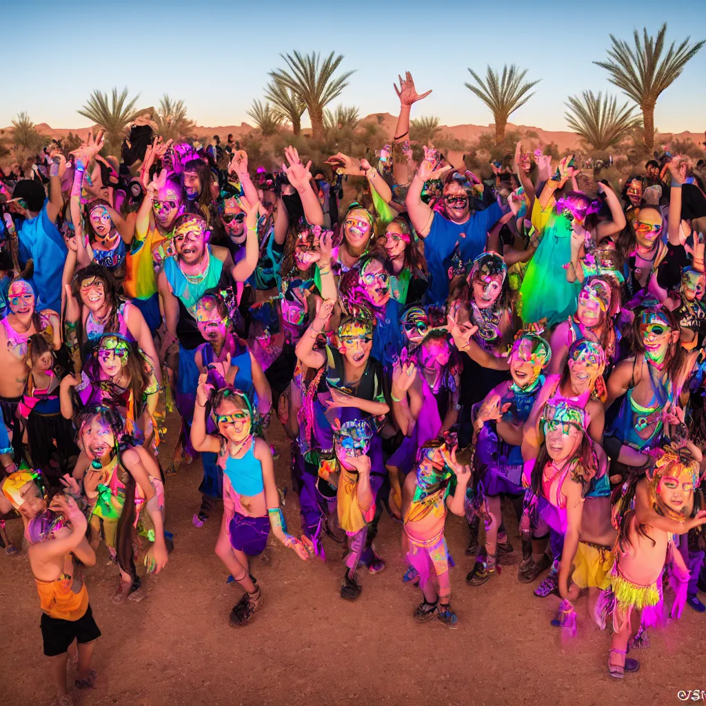 Prompt: family rave in the desert with diverse ages and ethnicities, XF IQ4, 150MP, 50mm, F1.4, ISO 200, 1/160s, dawn