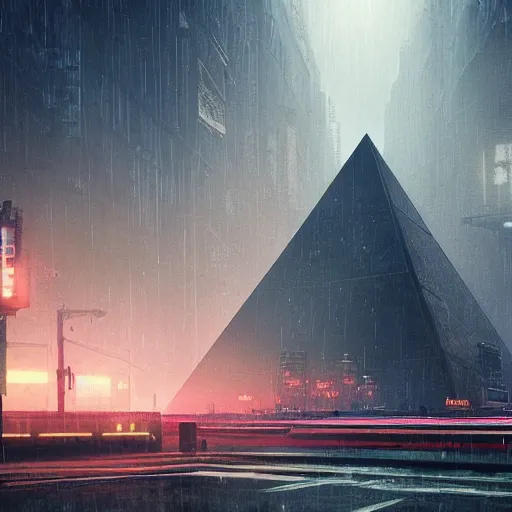 Prompt: gigantic metal pyramid in the distance, brutalist, blade runner, sci fi, stunning detail, cityscape, cyberpunk, wet street, 8k, cinematic lighting, ultra realistic, colorful, neon, octane rendered,