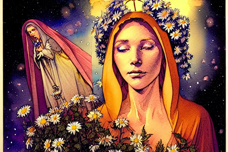 Prompt: a hyperrealist watercolour character concept art portrait of the blessed mother mary on well lit night in las vegas, nevada. there is a ufo. roses and daisies adorn. by rebecca guay, michael kaluta, charles vess and jean moebius giraud