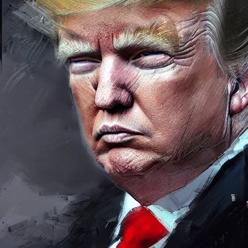 Image similar to A realistic hyperdetailed wide-shot digital oil portrait painting of an Donald Trump in the style of Guy Denning, Ruan Jia, and Craig Mullins. Trending on ArtStation, DeviantArt, and Instagram. CGSociety Digital art.