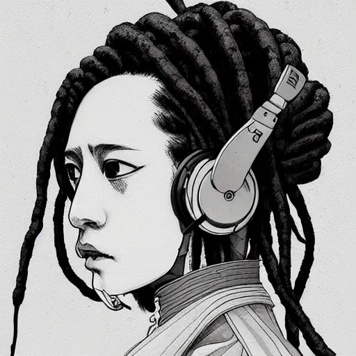 Prompt: a beautiful ukiyo painting of robot with dreadlocks and headphones in profile view, wearing space techwear, detailed symmetrical close up portrait, intricate complexity, by takato yamamoto, wlop, krenz cushart. cinematic dramatic atmosphere, sharp focus