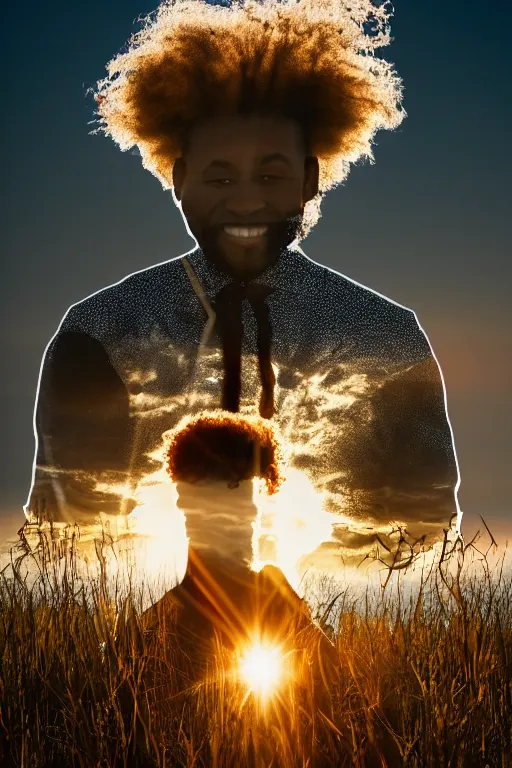 Prompt: double exposure black man with long curly hair mountain meadow sunrise