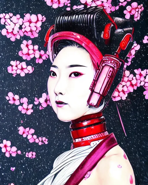 Image similar to an epic fantastic realism comic book style portrait painting of a japanese robotic geisha, cherry blossom rain everywhere, apex legends,