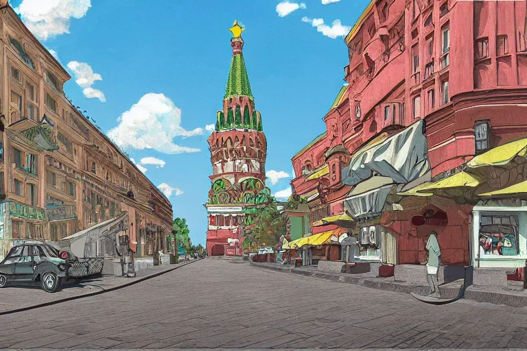 Prompt: moscow street view panoramic painting animation background art by ghibli