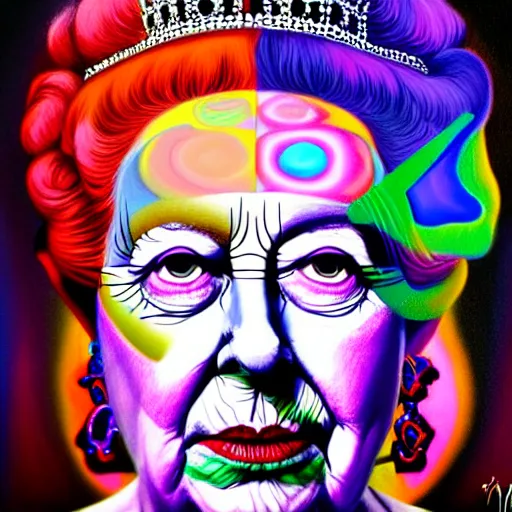 Image similar to An extremely psychedelic portrait of Queen Elizabeth, surreal, LSD, face, detailed, intricate, elegant, lithe, highly detailed, digital painting, artstation, concept art, smooth, sharp focus, illustration