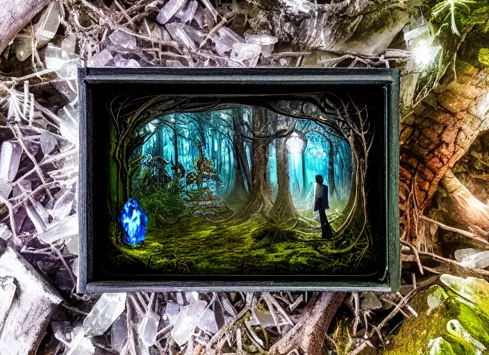 Image similar to photo of a crystal box with wonders inside in the forest. Fantasy horror style. Highly detailed 8k. Intricate. Nikon d850 55mm. Award winning photography.