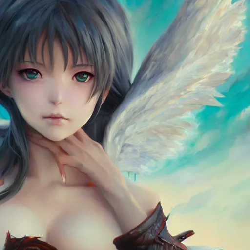 Image similar to an oil painting of a beautiful anime girl with dragon wings, by artgerm, wlop and greg rutkowski, hd, hdr, ue 5, ue 6, unreal engine 5, cinematic 4 k wallpaper, 8 k, ultra detailed, high resolution, artstation, award winning