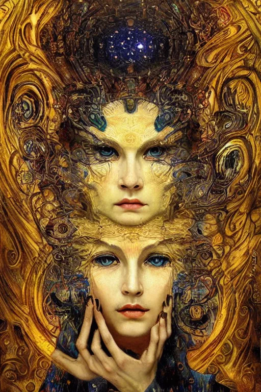 Image similar to Divine Chaos Engine by Karol Bak, Jean Deville, Gustav Klimt, and Vincent Van Gogh, beautiful visionary mystical portrait, sacred, otherworldly, fractal structures, Surreality, SpiralDeeArts, ornate gilded medieval icon, third eye, spirals