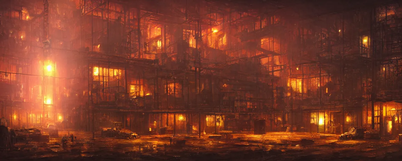 Image similar to ” dusty old warehouse filled with boxes lit by a gas lamp, [ art by paul lehr, cinematic, detailed, epic, widescreen, opening, establishing, mattepainting, photorealistic, realistic textures, octane render ] ”