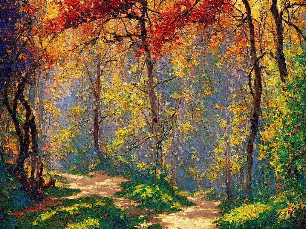 Image similar to majestic nature scenery, forest path, breathtaking oil painting by erin hanson, alexi zaitsev, karl spitzweg, craig mullins, award winning, impressionistic