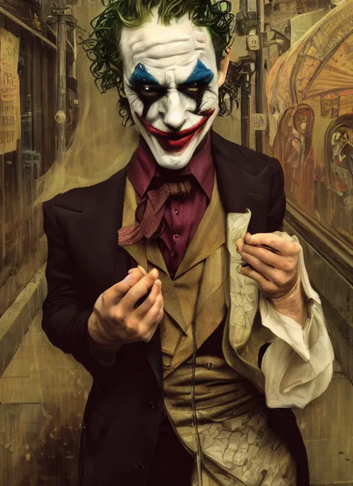 Image similar to a still of a Jewish man as the Joker in Joker 2020, realistic, Jew, Gotham city, sigma male, accurately portrayed, portrait art by alphonse mucha and greg rutkowski, highly detailed, digital painting, concept art, illustration, dim lighting with twilight rays of sunlight, trending on artstation, very detailed, smooth, sharp focus, octane render, close up