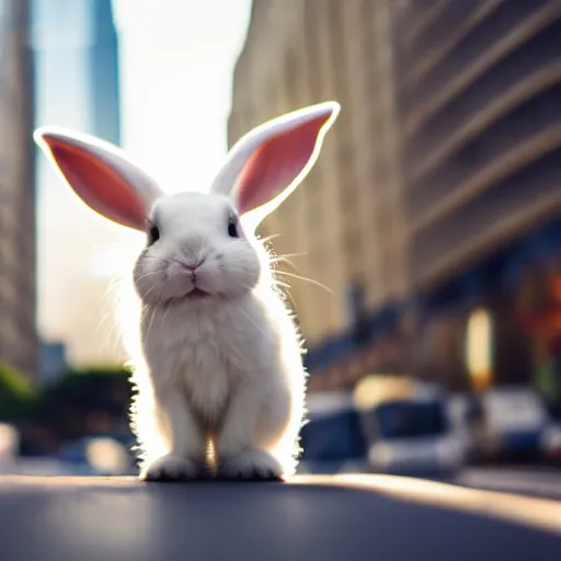 Prompt: a cute small white rabbit sitting in the middle of a busy street with skyscrapers, low angle camera, cinematic, very detailed, 4 k, depth of field