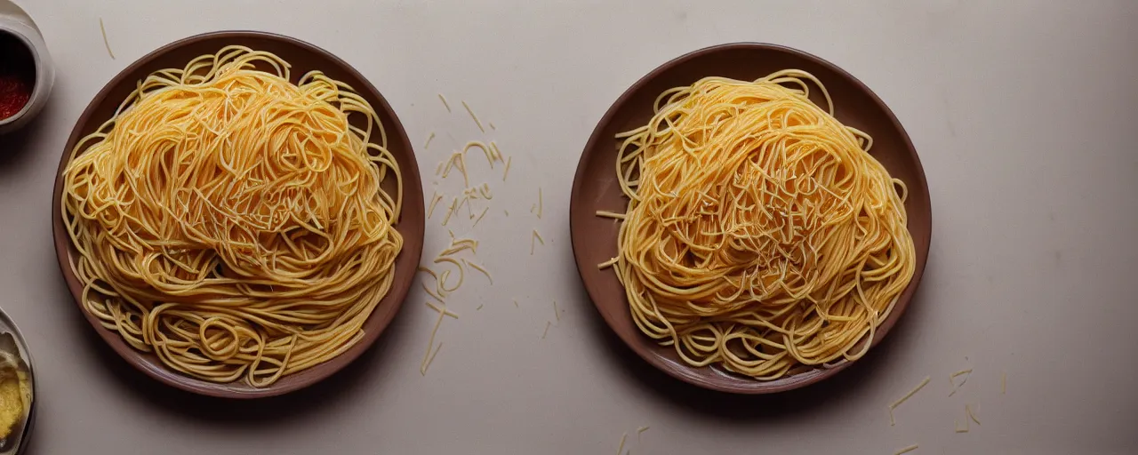 Prompt: one single bowl of spaghetti, beautifully garnished on a kitchen table, minimal, sharply focused, canon 5 0 mm, wes anderson film, kodachrome