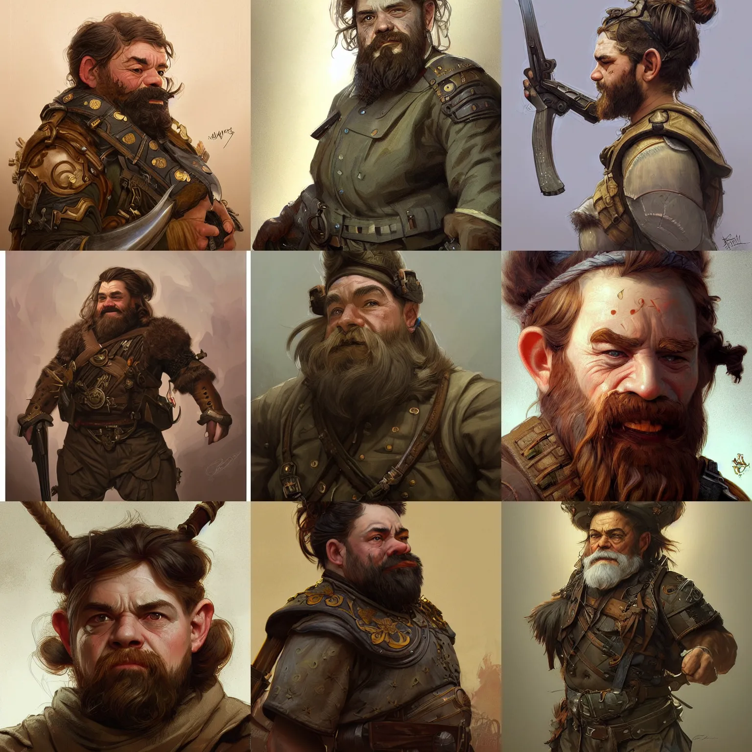 Prompt: Portrait of a dwarf in a army cout, upper body, intricate, wild, highly detailed, fantasy, digital painting, artstation, concept art, smooth, sharp focus, illustration, art by artgerm and greg rutkowski and alphonse mucha