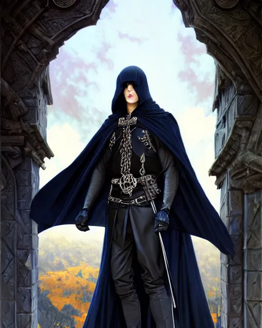 Image similar to handsome male fighting a giant, long black hair blue eyes wearing cloth mantle gothic navy cloak with leather details, cliffside town, fantasy character portrait, ultrarealistic, intricate details, elegant, cinematic lighting, highly detailed, artstation, cgsociety, sharp focus, beautiful digital painting by artgerm, gerald brom, wlop, alphonse mucha