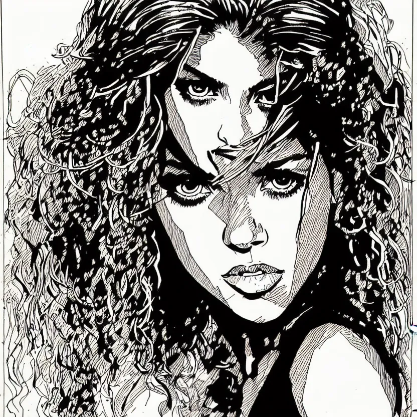 Image similar to portrait of shakira in the style of marc silvestri pen and ink drawing, high detail