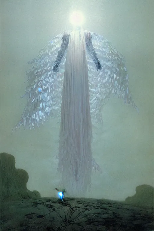 Prompt: giant white glowing angel rising above fallen demon lying on the foggy ground by wayne barlowe, wes anderson, arnold bocklin, roger dean, mikalojus konstantinas ciurlionis, mikhail vrubel and wadim kashin, rich moody colours, 9 0 - s anime, ethereal, lo - fi retro videogame