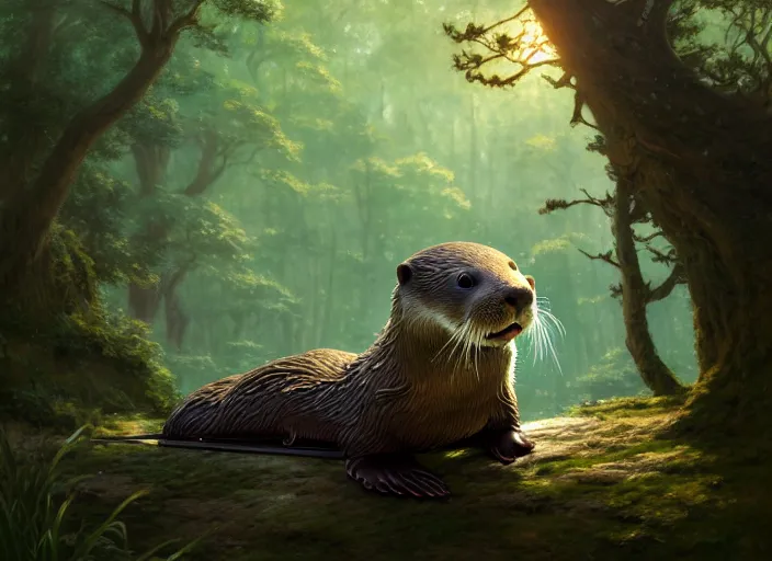 Image similar to a film still portrait of an otter elven archer, finely detailed features, cinematic lighting, perfect art, redwall woodland, forest, intricate, anime, gapmoe grimdark, artstation, trending on pixiv fanbox, painted by brian jacques greg rutkowski, studio ghibli, 4 k