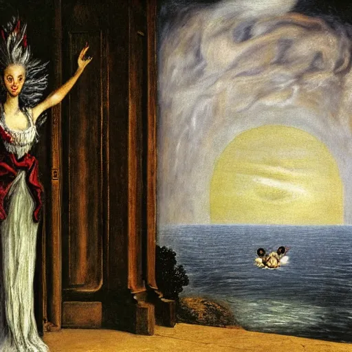 Image similar to Marie Antoinette levitating over the waters. By El Greco, Remedios Varo, Salvador Dali, Carl Gustav Carus, John Atkinson Grimshaw.