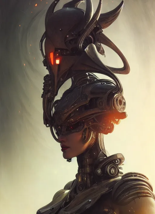 Image similar to closeup portrait shot of the witch of the mecha, intricate, elegant, highly detailed, centered, digital painting, artstation, concept art, smooth, sharp focus, warframe, illustration, anders zorn, tomasz alen kopera, peter mohrbacher, donato giancola, leyendecker, boris vallejo