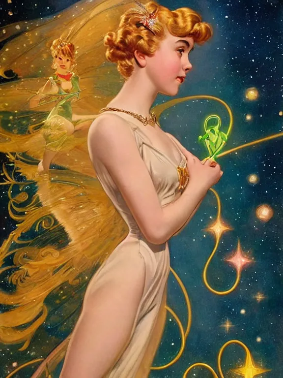 Image similar to kiernan shipka as tinkerbell glowing, a beautiful art nouveau portrait by Gil elvgren and Hajime Sorayama, moonlit starry sky environment, centered composition, defined features, golden ratio, gold jewlery, photorealistic professionals lighting, cinematic, sheer