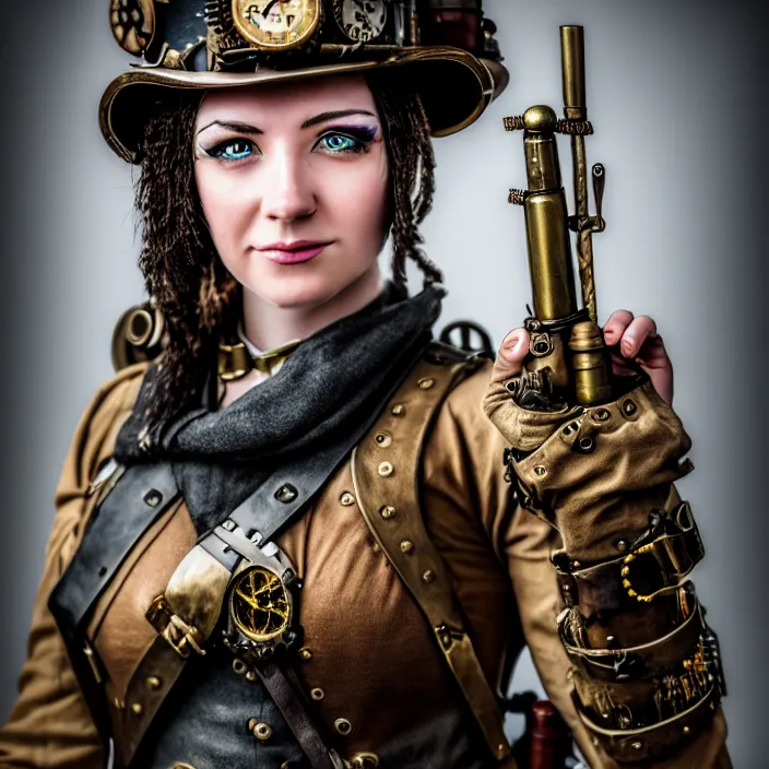 Prompt: portrait photograph of a real-life beautiful female steampunk soldier. Extremely detailed. 8k