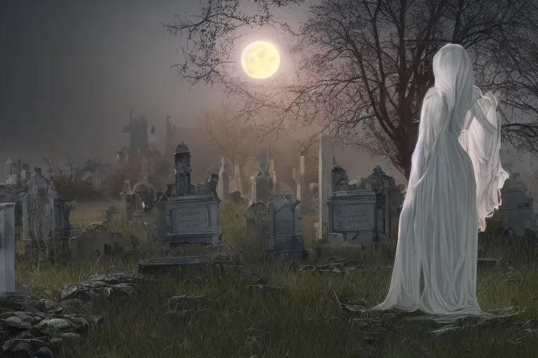 Image similar to an ultra detailed animation of a transparent ghost in a graveyard at midnight on halloween, digital art, dark fantasy, concept art, soulslike, by alphonse mucha, blood moon eclipse, ruined building in the background, artstation, 8 k, unreal engine render