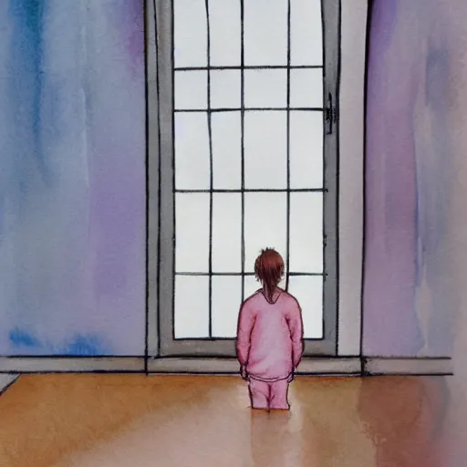 Image similar to person in pyjamas standing near window, sun rays, daylight, big french door window, big spatious room, 2 4 mm, wooden floor, modern, pastel palette, winter sun, photorealistic, high ceiling, watercolor painting