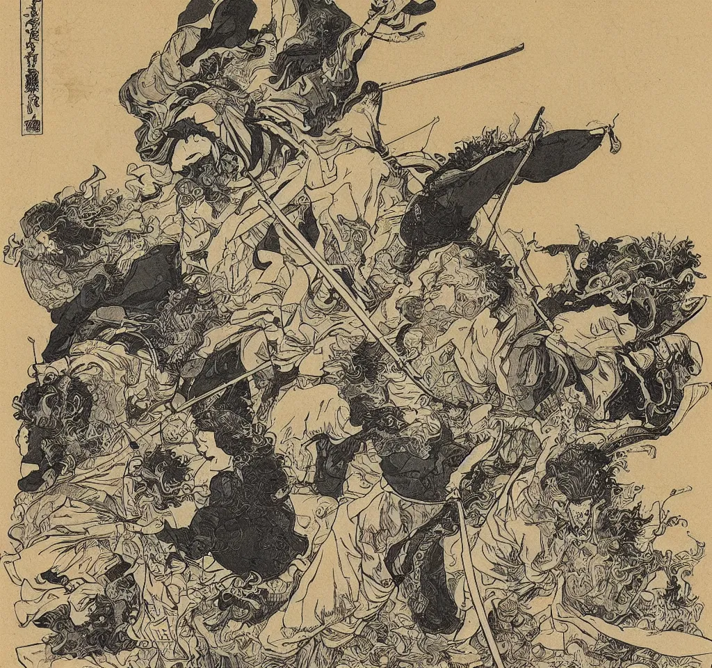 Image similar to don quichotte, hokusai, moebius