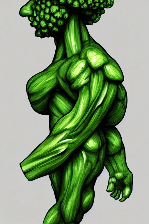 Prompt: a humanoid figure broccoli man, muscular, full body, highly detailed, digital art, sharp focus, trending on art station, anime art style