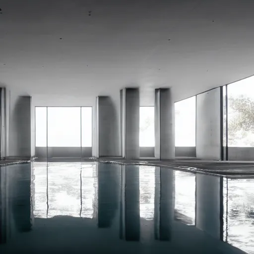 Prompt: photo of a vast interior space of irregular rooms and corridors, bizarre architecture. ceramic white tiles on all the walls. the floor is flooded with shallow water. eerie, volumetric lighting