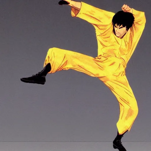 Image similar to a kick by Bruce Lee wearing a yellow jumpsuit by Yoji Shinkawa and Ashley Wood