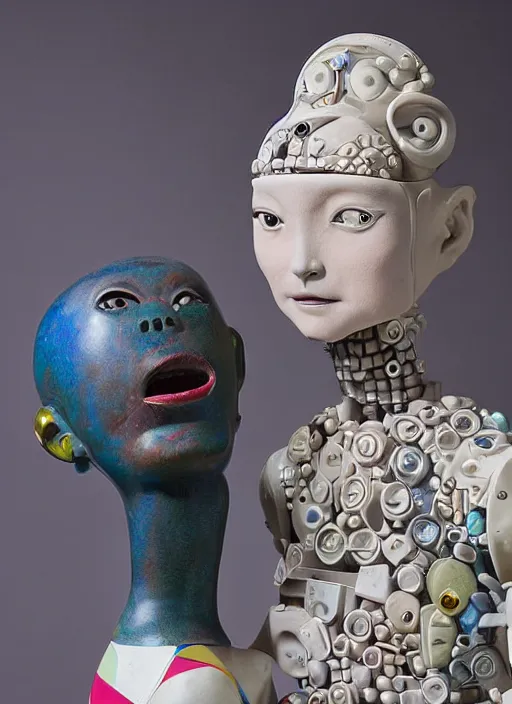 Image similar to studio photograph of a contemporary ceramic sculpture of a quirky female android by hikari shimoda and jack gaughan