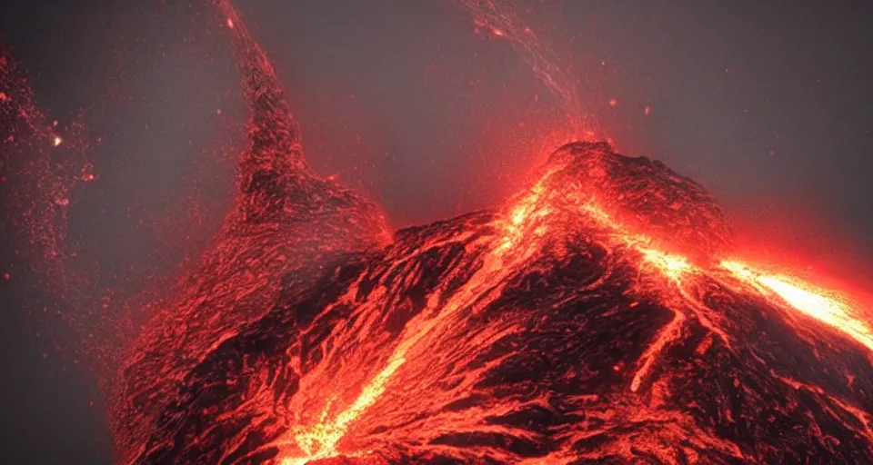 Image similar to a volcano made of ivory vines and crimson rocks enters in eruption, it spits a smoke in the shape of demonic eye, from NCSOFT