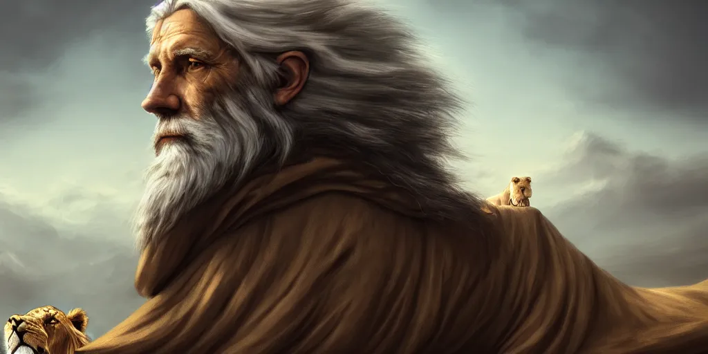 Prompt: portrait of a hooded wise old man long white beard wearing a brown tunic, riding majestically on a beautiful lions back, epic digital art, cinematic, trending on artstation, superb detail 8 k masterpiece