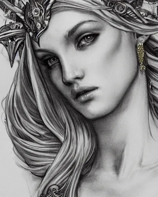 Image similar to tattoo sketch of blonde super model aphrodite greek goddess wearing a gold laurel wreath and triangle earrings, beautiful piercing gaze with sharp pupils, in the style of greg rutkowski, fantasy, amazing detail, epic, elegant, smooth, sharp focus, front view