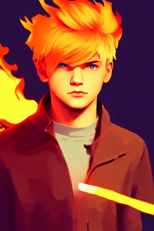 Image similar to character art by ilya kuvshinov, young man, blonde hair, on fire, fire powers
