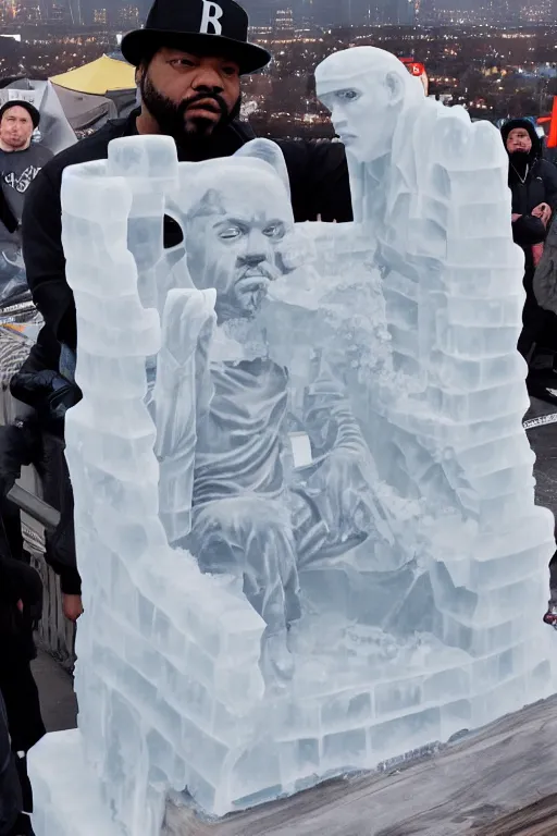 Image similar to dramatic photo, the rapper'ice cube'carving a full body ice sculpture of rapper'ice cube'at harbin ice festival, wide angle photo, award winning, artgerm, wlop, james gurney, trending on artstation