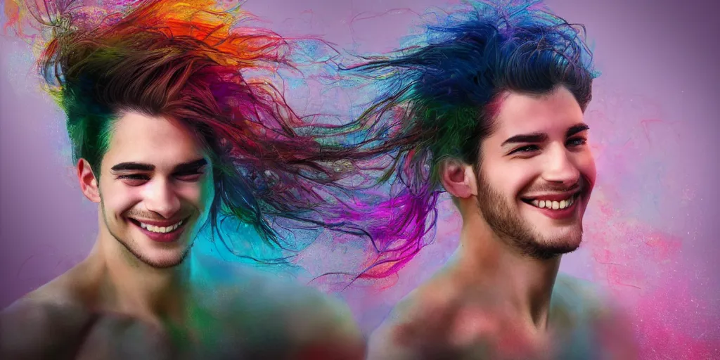 Image similar to beautiful young man smiling running his hand through his hair, digital art, colourful, digital art, realistic, seductive.