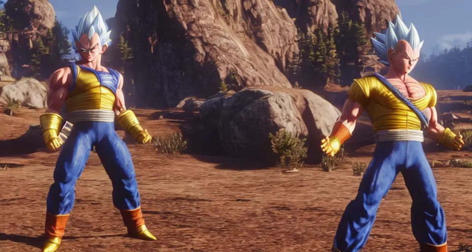 Image similar to Screenshot of Vegeta as a 3d cowboy in full cowboy attire in the videogame 'Red Dead Redemption 2'. Sharpened. 1080p. High-res. Ultra graphical settings.