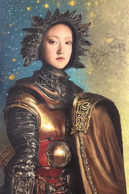 Prompt: hyperrealism oil painting, close - up portrait of european medieval fashion model, knight, steel gradient mixed with nebula sky, in style of baroque mixed with 7 0 s japan book art